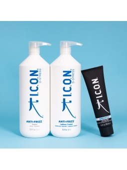 Pack ICON Antifrizz en format familial. Shampoing 1000 ml, Après-shampooing 1000 ml et Lissage 150 ml