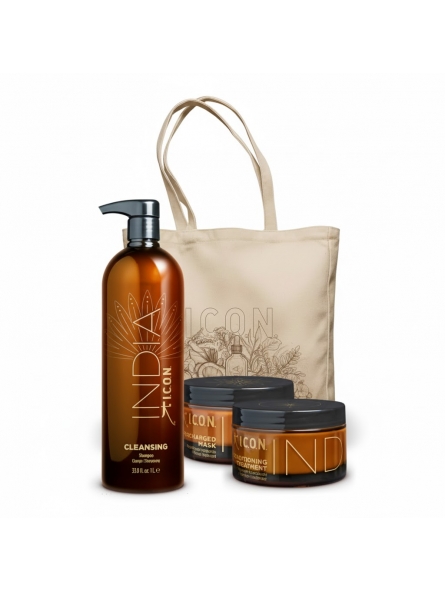 Pack ICON India Champú Limpiador 1Litro, Acondicionador, Mascarilla y Bolso de Regalo