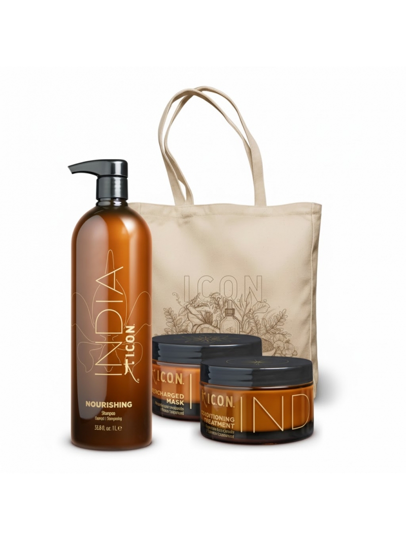 Pack ICON India Champú Hidratante 1 Litro, Acondicionador, Mascarilla y Bolso de Regalo